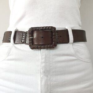 Vintage Handcrafted Leather Belt with Woven Buckle, Rustic Brown Real Leather